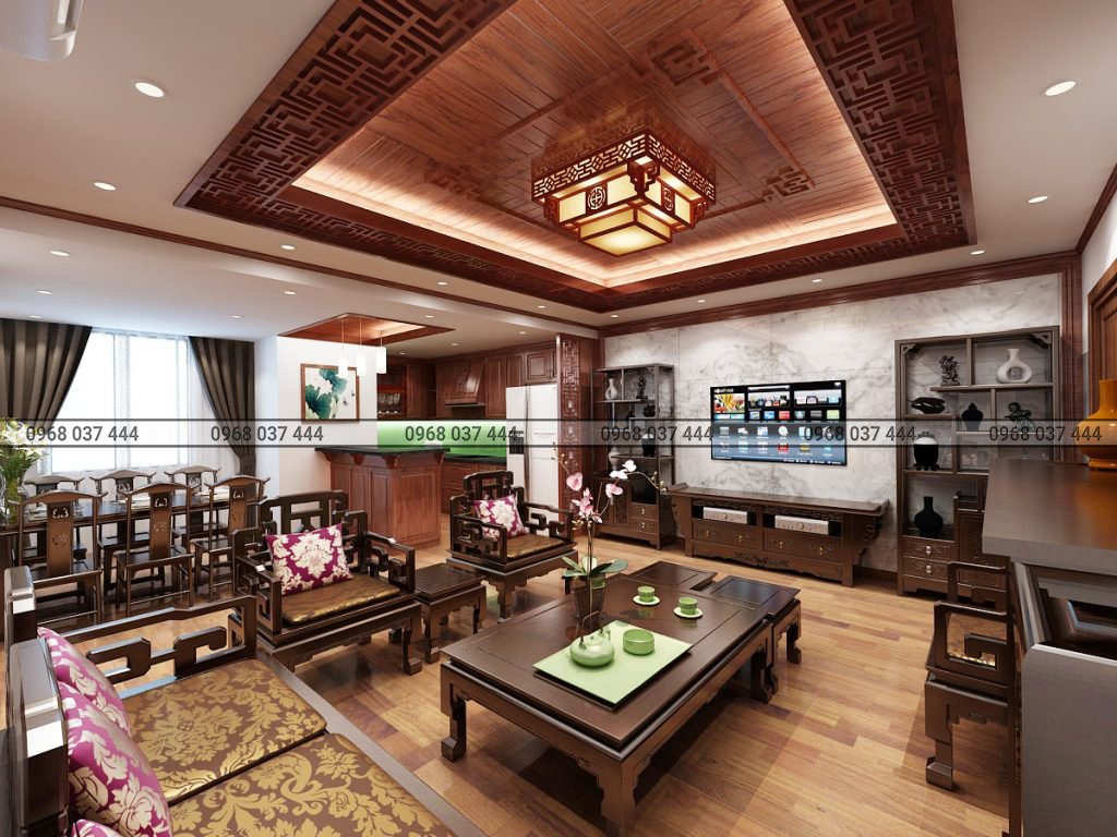 Phòng khách theo phong cách Á Đông với sự ảnh hưởng lớn từ Trung Hoa