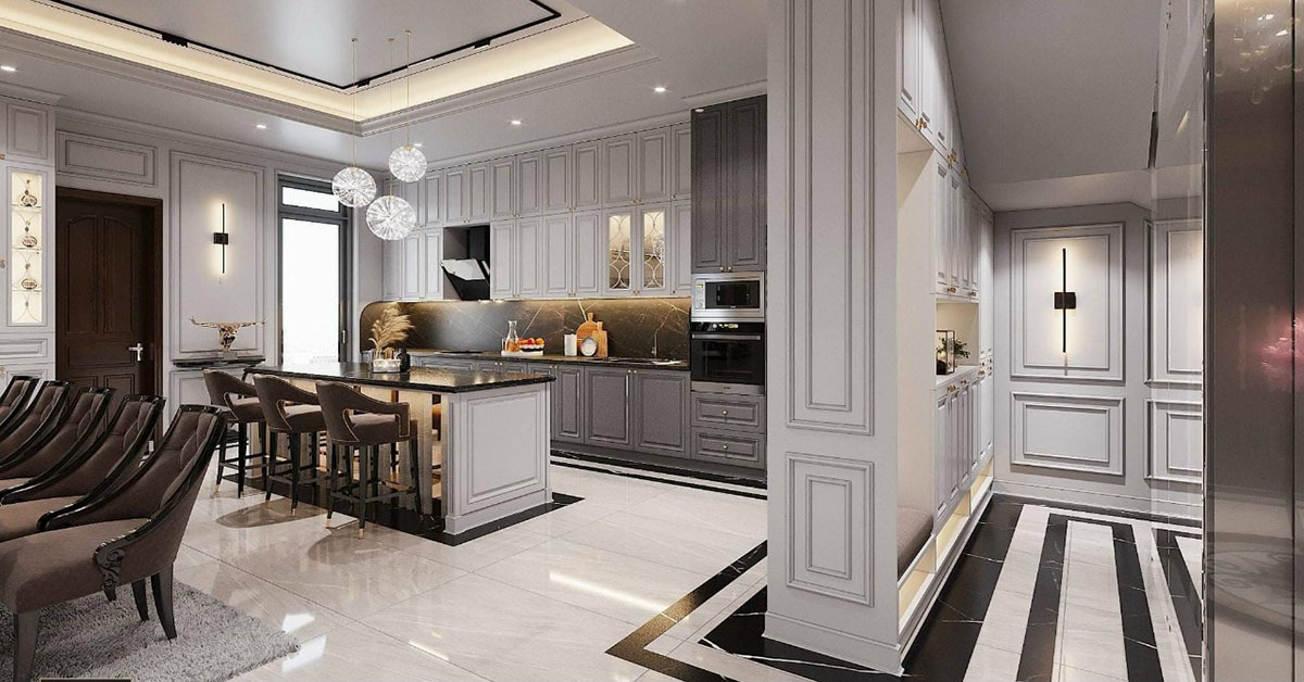 Phòng bếp sang trọng với tủ bếp, tủ trang trí và bàn đảo được thiết kế theo phong cách tân cổ điển